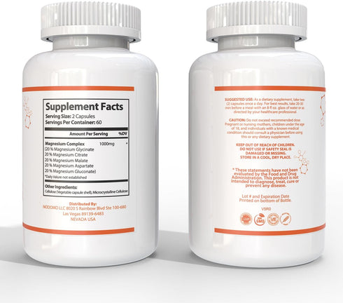 Magnesium Glycinate Citrate Malate Aspartate Gluconate, 5 in 1 Formula, 120 Purified Veggie Capsule, 1000 mg, Gluten Free, Non-GMO, 60 Days Serving